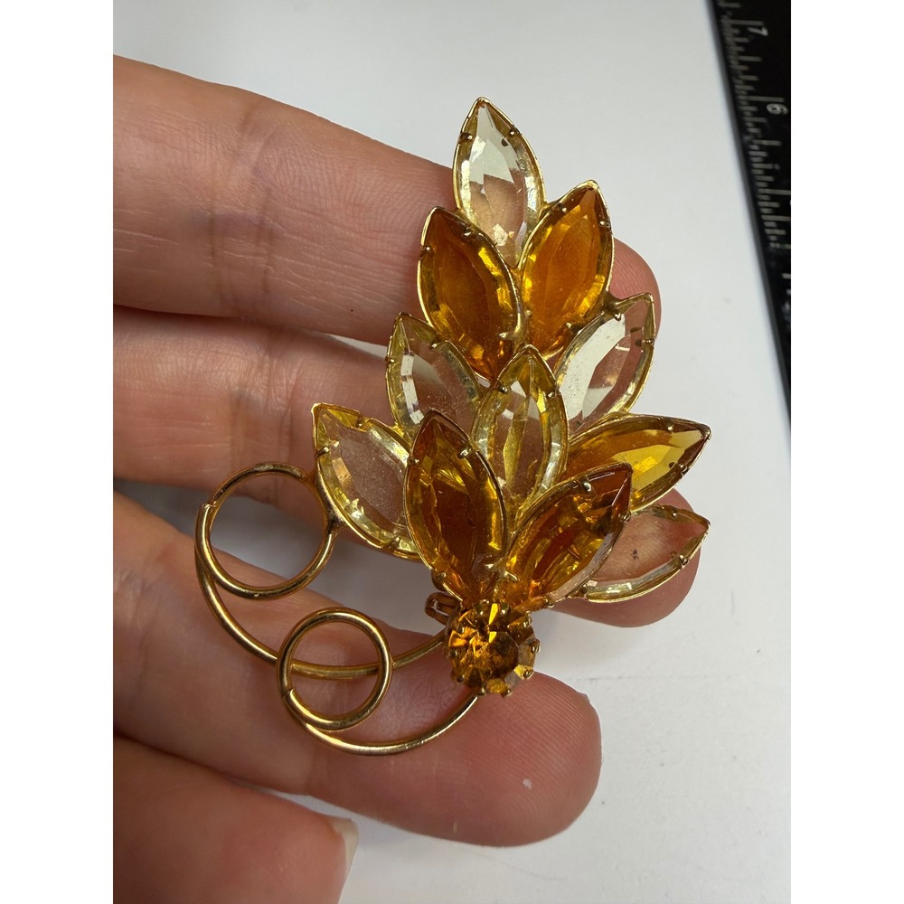 Vintage Amber Rhinestone Leaf Brooch Gold Tone Marquise Spray Pin